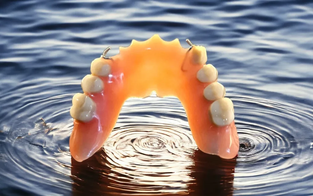 Prothèse dentaire amovible en résine avec crochets métalliques et palais dégagé, offrant confort et stabilité